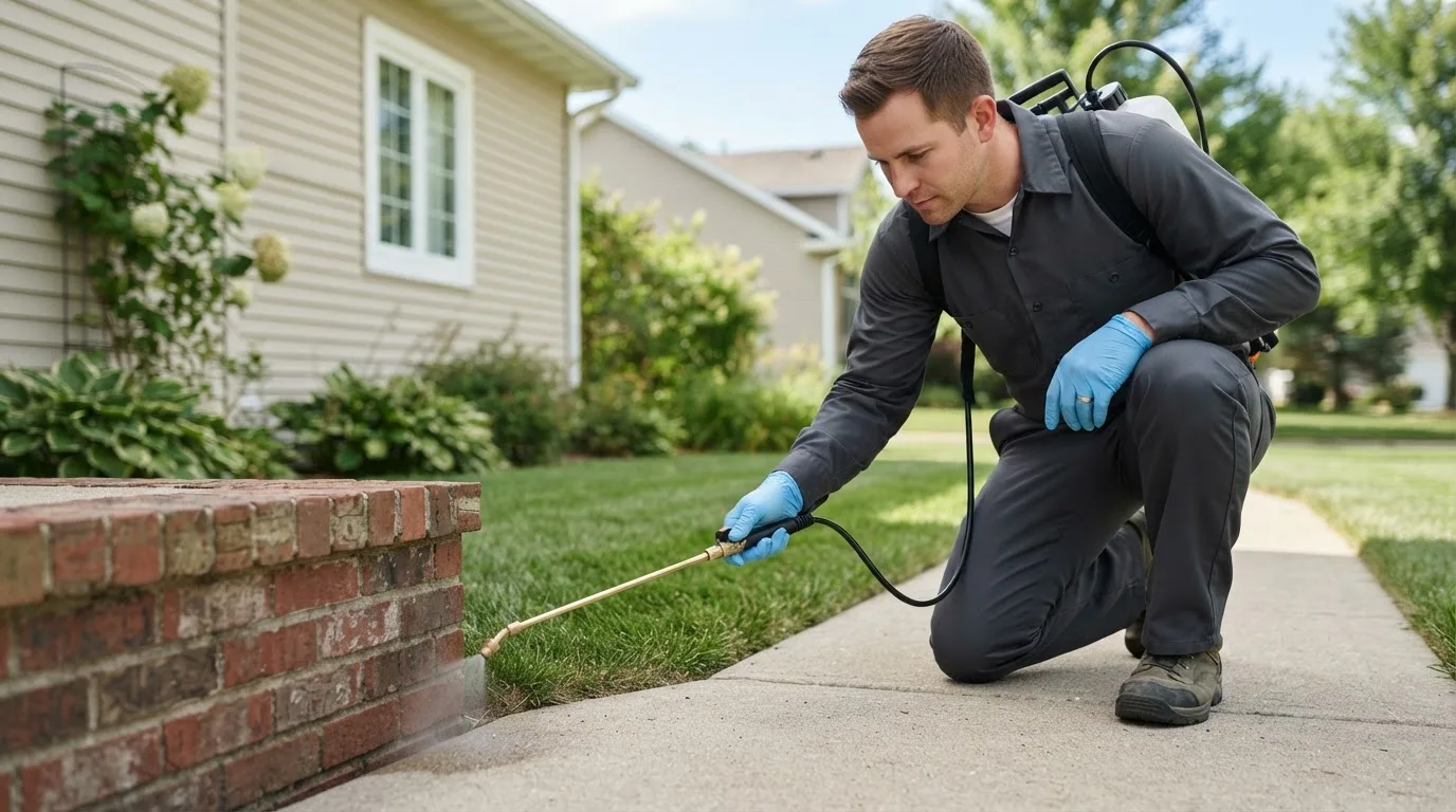 Pest control technician treating a home near Pilot Point, TX